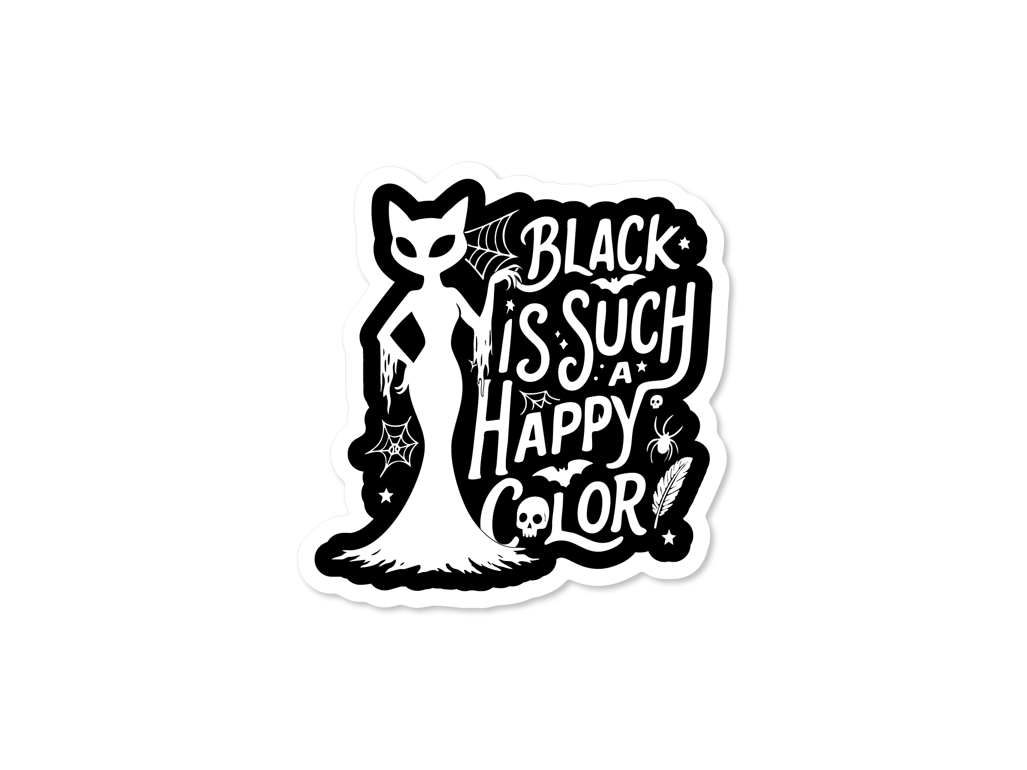 Sticker with a fox design and text 'Black is such a happy color' on a white background