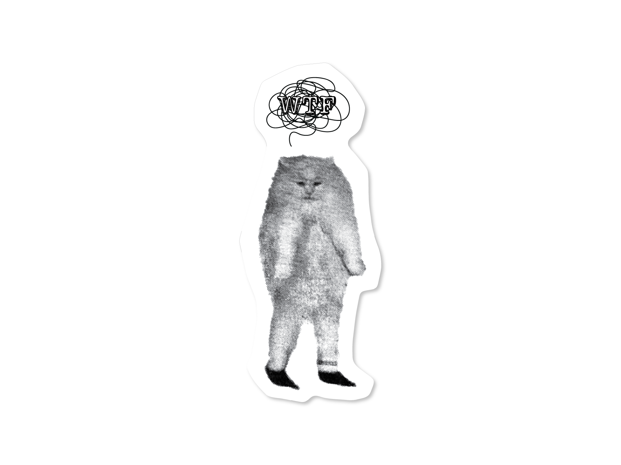 Two die cut sticker options featuring a fuzzy standing gray cat with tiny legs and a scribbly thought cloud, one with “WTF” text and one without.
