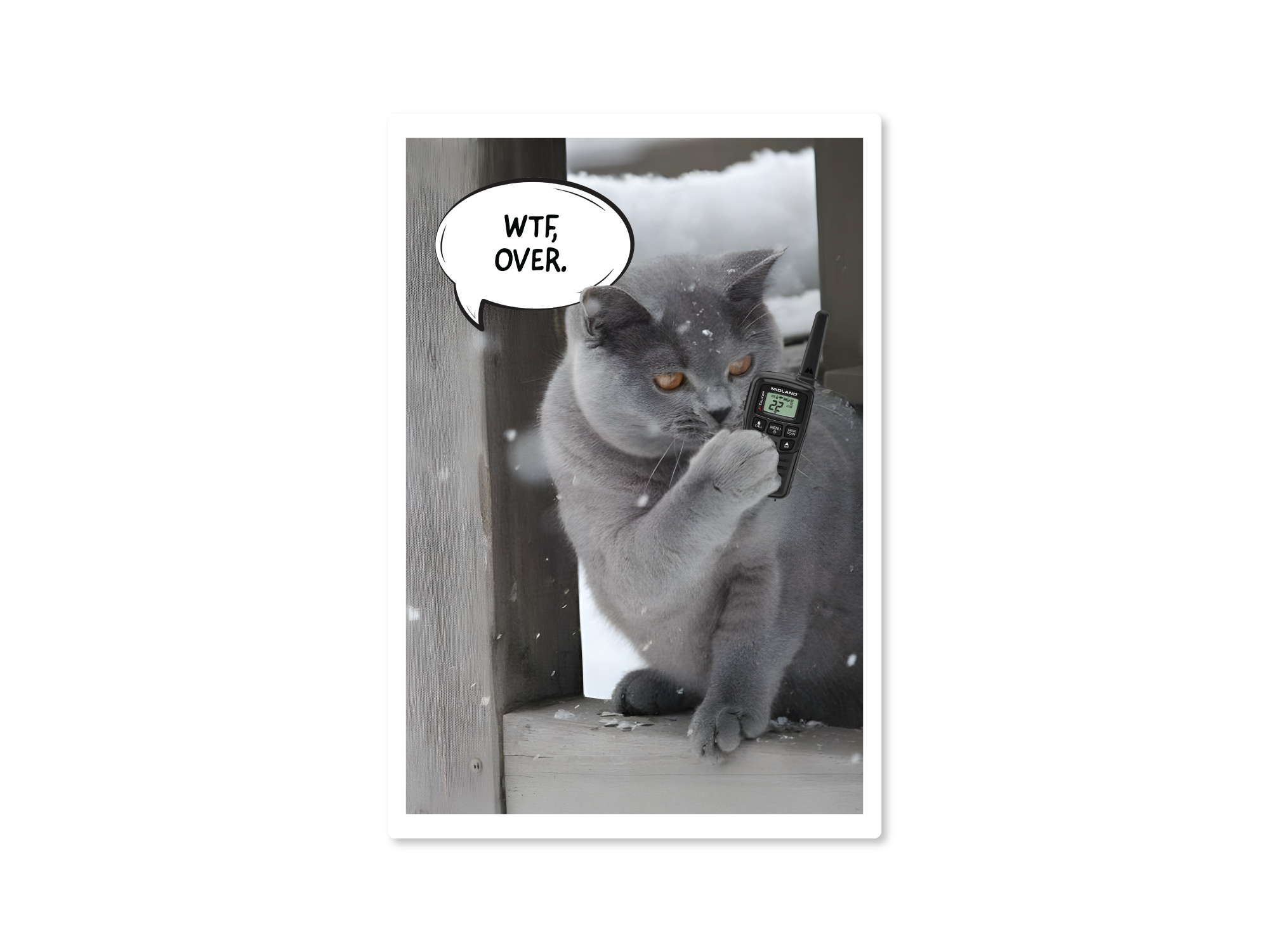 cat vinyl stickers featuring cat holding walkie talkies with speech bubbles that say “WTF, over.”
