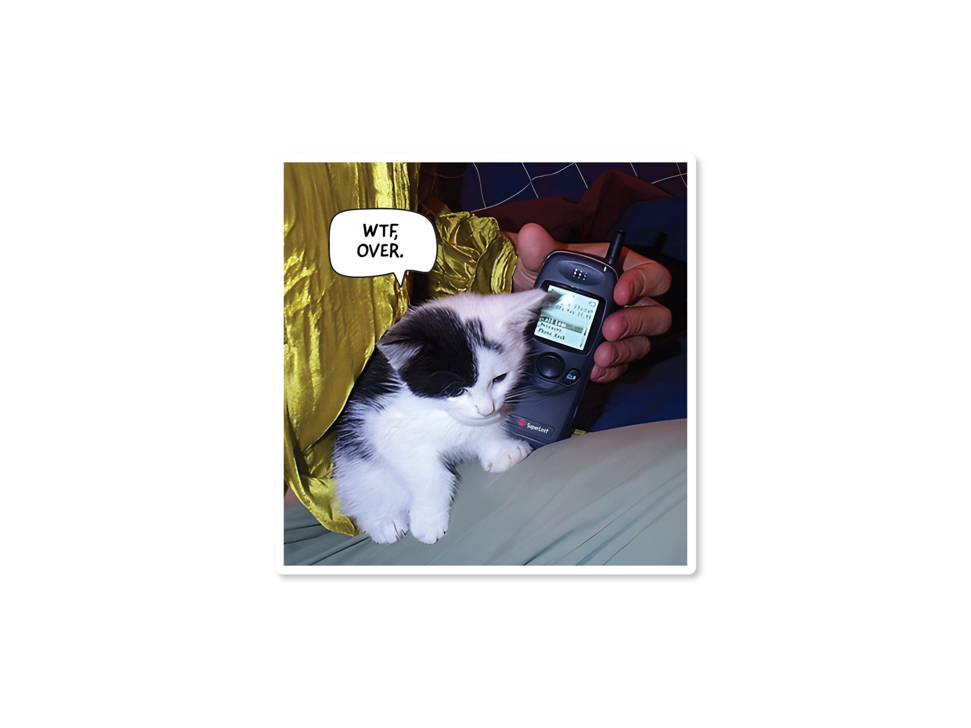 cat vinyl sticker featuring cats holding walkie talkies with speech bubbles that say “WTF, over.”
