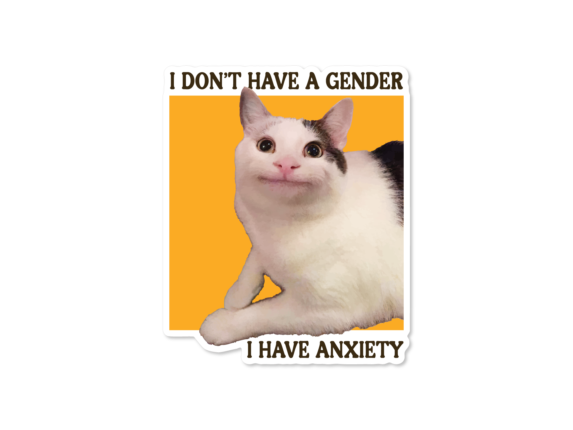 vinyl sticker featuring a wide-eyed white and gray cat with the phrase “I don’t have a gender, I have anxiety,”