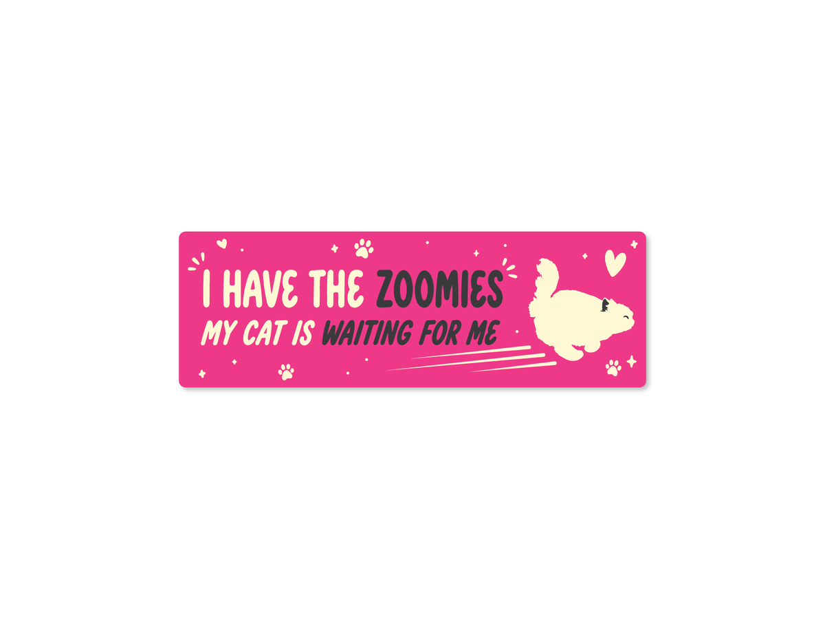 pink bumper sticker with the phrase “I Have the Zoomies, My Cat Is Waiting For Me,” featuring a running cat silhouette, paw prints, hearts, and sparkles in pink and dark gray color options.